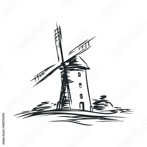 Windmill design for rustic decor and artistic projects. Vector illustration