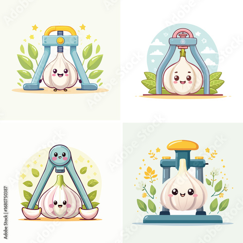 Garlic Press mixed cute cartoon characters, colorful vector illustration, happy playful style.