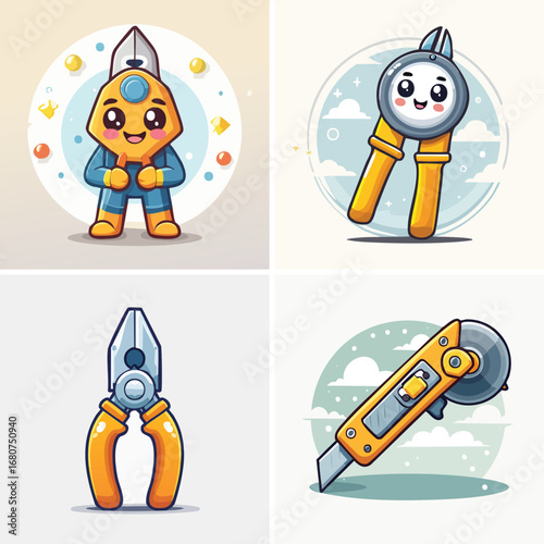 Wire Cutter mixed cute cartoon characters, colorful vector illustration, happy playful style.