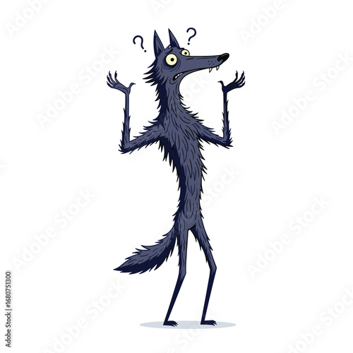 A confused and bewildered wolf standing with raised hands and question marks above its head