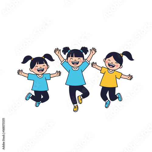 Three happy young girls jumping with joy and excitement together outdoors in summertime fun