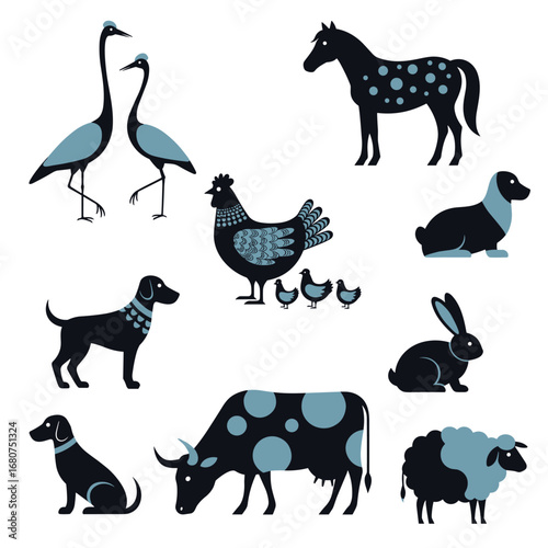 Collection of cute farm animals and birds in flat design style