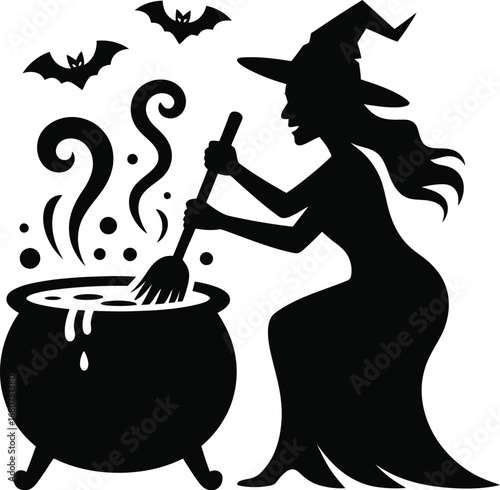Witch brewing potion with bats flying cauldron stirring