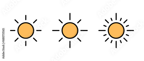 Sun icon set in flat design. Bright sunlight symbol for weather and summer