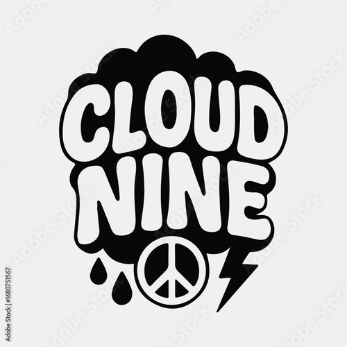 Silhouette cloud nine text peace sign lightning hippie graphic t shirt design