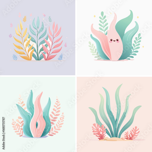 Seaweed​ pastel cute cartoon mashup, charming vector characters, soft joyful illustration.