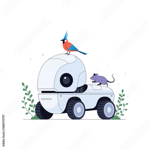 A small white robot with a bird and a mouse on its head in a field