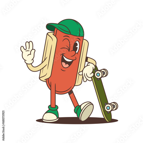 Relaxed hotdog mascot with a skateboard and waving hand gesture gives off a fun, confident, and modern feel. Great for youth branding, street ads, or casual promotions. Vector illustration