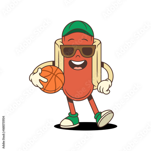 Confident hotdog mascot in sunglasses and green cap holding a basketball with sporty attitude and bright smile. Ideal for active lifestyle branding, sports-themed events. Vector illustration
