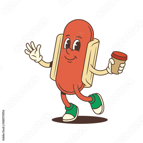 Playful hotdog mascot in sneakers waves while holding a coffee cup, radiating upbeat energy. Ideal for casual food marketing, fast food events, or promotional material. Vector illustration