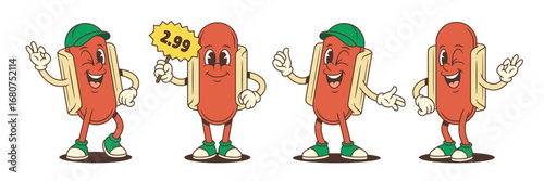 Playful hotdog mascots with expressive faces and dynamic hand gestures like thumbs-up, OK, and peace signs. Perfect for food branding, promos, and advertising. Vector illustration