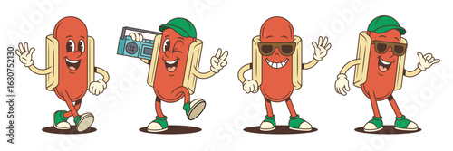 Cartoon hotdog mascots in confident and playful poses with sunglasses, boombox, and peace sign. Perfect for food branding, retro-themed marketing, and youth design. Vector illustration.