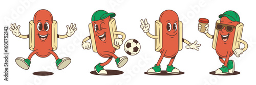 Energetic hotdog mascot in walking, soccer, and chill poses with expressive gestures, thumbs up, and a friendly attitude. Great for food, sports, and fun campaigns. Vector illustration.
