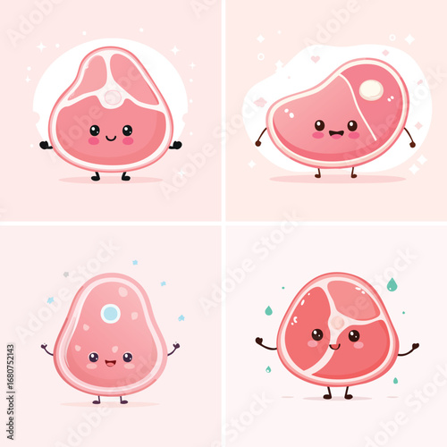 Beef Steak pastel kawaii characters combined, bright and soft vector artwork.