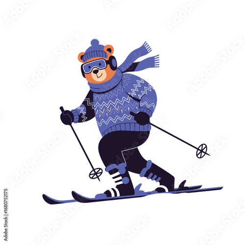 Adorable cartoon bear character enthusiastically skiing down a snowy mountain slope wearing warm winter clothing