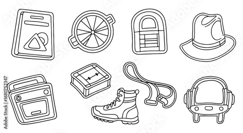 Outline drawing of travel and vacation items. Packing list, adventures, tour, exploration, gear, vacation, adventure, camping, hiking, luggage, trekking