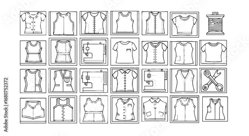 Clothing icons show apparel and sewing tools. Fashion design, garment industry, tailor shop, dressmaking, crafting, tailoring, sewing machine, thread, tools, vector