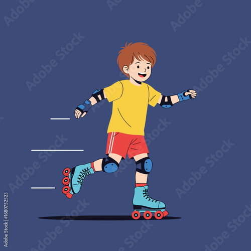 Young boy enjoying rollerblading activity wearing protective gear and colorful outfit in motion