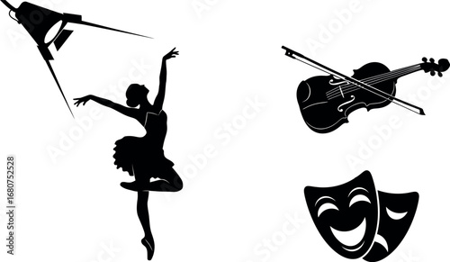 A collection of silhouettes representing the performing arts, featuring a graceful ballerina, a violin and bow, and comedy and tragedy theatrical masks on a white background.
