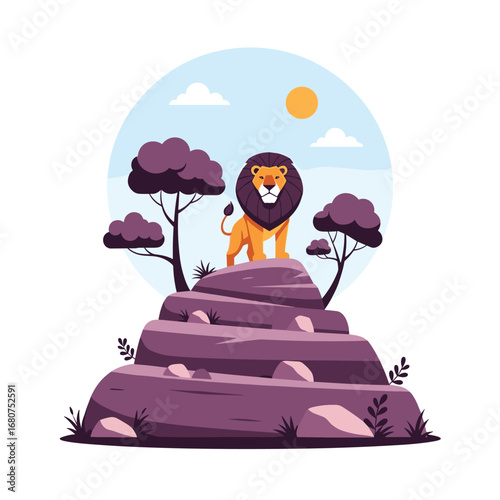 Majestic lion king of the savannah standing proudly on a rocky outcrop under a sunny sky