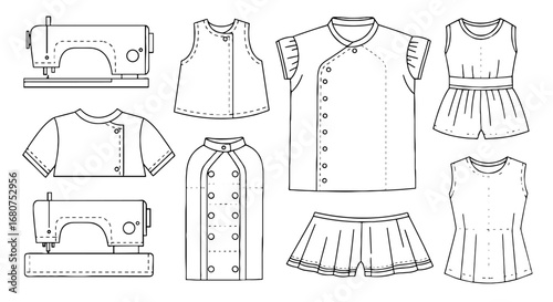Sewing pattern design collection with sewing machine illustrations. Fashion design, clothes making, dressmaking, patterns, DIY, sewing, tailoring.