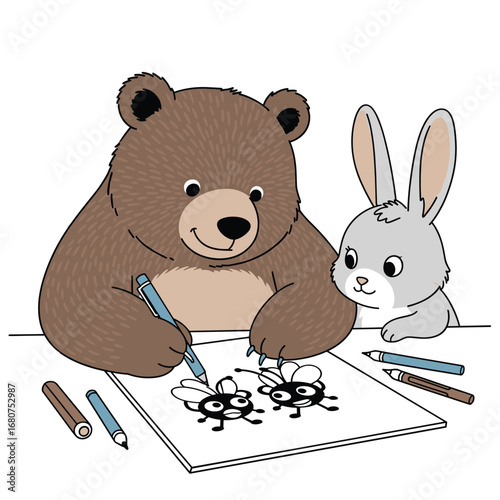 A friendly bear and a curious rabbit drawing flies together with pencils on paper
