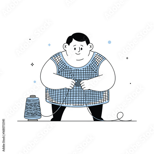 Chubby person knitting a sweater with a large spool of yarn