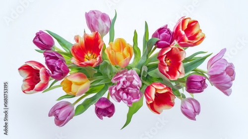 Vibrant tulip bouquet on white background. Artificial intelligence image