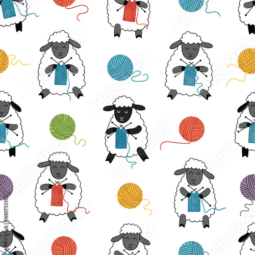 Adorable sheep knitting with colorful yarn balls seamless pattern for craft lovers