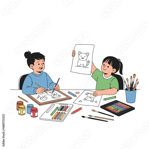 Two young children engaged in artistic creation drawing and painting together in a creative environment