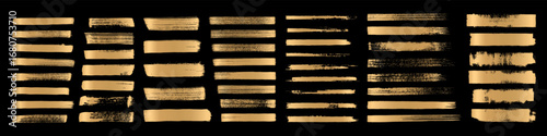 Straight gold vector lines on black bg. Golden hand drawn brush stroke text boxes. Chinese, Korean, Japanese calligraphy brushstroke set. Rough shiny lines. Luxury rectangle textboxes
