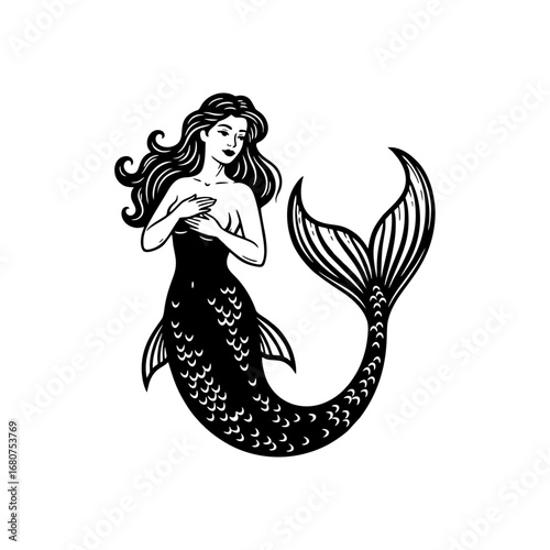 Classic Black and White Mermaid Illustration with Flowing Hair and Scaled Tail