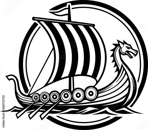 the iconic vessel of the Vikings, sails across the waves, a symbol of Norse mythology, exploration, and ancient history, in a striking black and white vector illustration.