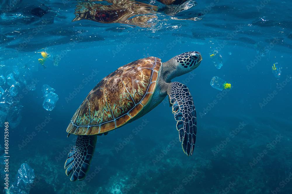 Fototapeta premium Marine Life Threat: A Sea Turtle Navigates a Sea of Plastic Debris