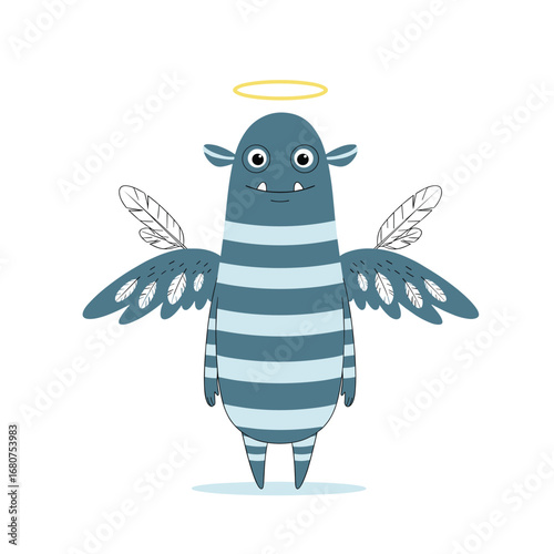 Whimsical striped creature with angelic wings and halo a friendly cartoon character design