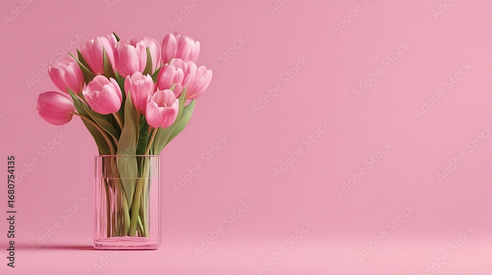 Fototapeta premium Tulips Arranged In A Clear Glass Vase, Placed On A Matte Pastel Pink Background With Dramatic Soft Shadow, Ultra Premium Q4 Quality Ensuring Crystal Clean Commer
