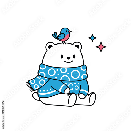 Cute cartoon polar bear wearing a blue scarf with a bird on its head and sparkling stars above