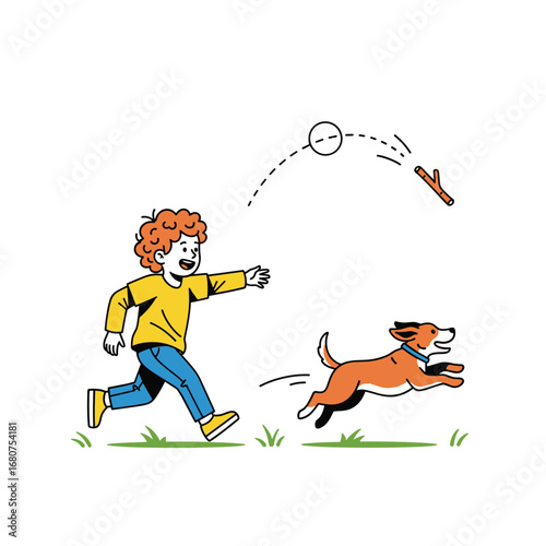 Young boy happily runs across grassy field chasing after a stick thrown for his playful dog friend