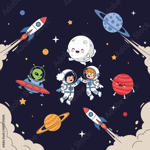 Adventures in outer space exploring planets rockets aliens and friendly astronauts having fun amongst the stars