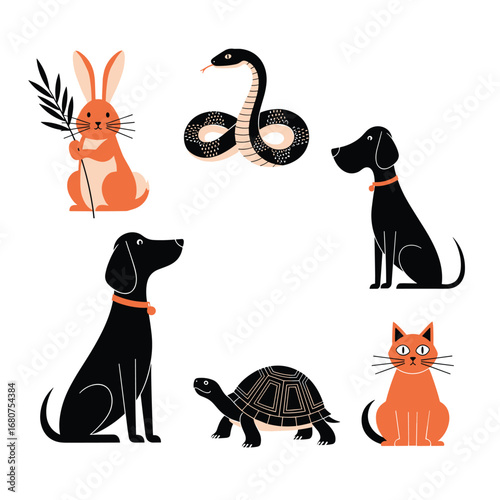 A charming collection of diverse domestic animals together in a beautiful arrangement