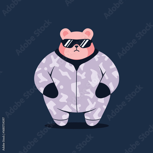 Stylish cartoon bear wearing camouflage onesie and sunglasses exuding coolness