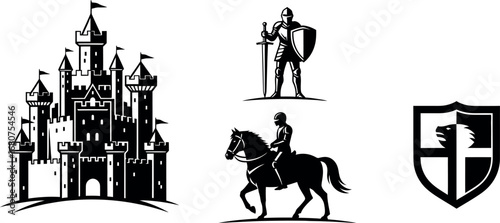 Medieval Castle, Knight with Sword and Shield, and Horseback Rider Silhouette Vector Illustrations for Fantasy and Historic Themes.