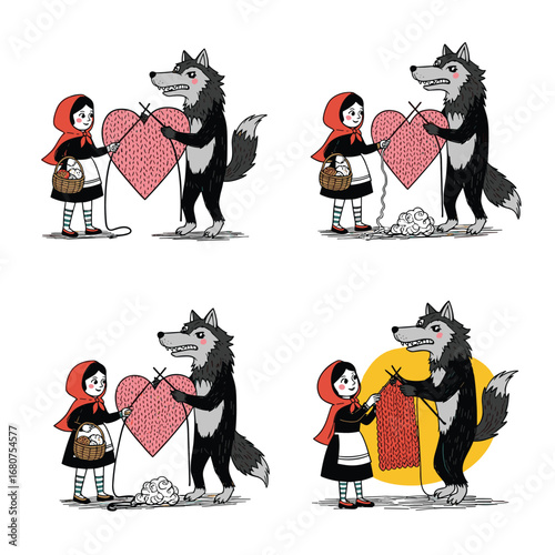 Little red riding hood learns knitting from the big bad wolf who is surprisingly patient