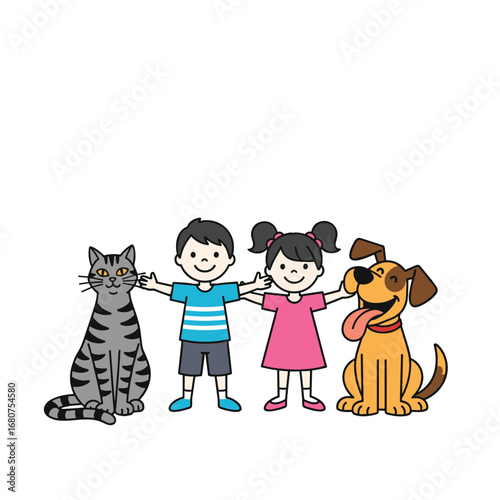 Happy children and their beloved pets a cat and a dog together in harmony