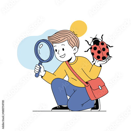 Young explorer discovers fascinating ladybug through magnifying glass during outdoor adventure