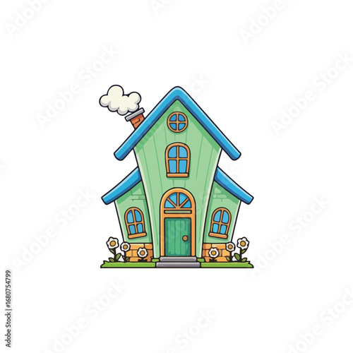 Whimsical cartoon house with a green facade, blue trim, smoking chimney, arched windows, and flowers.