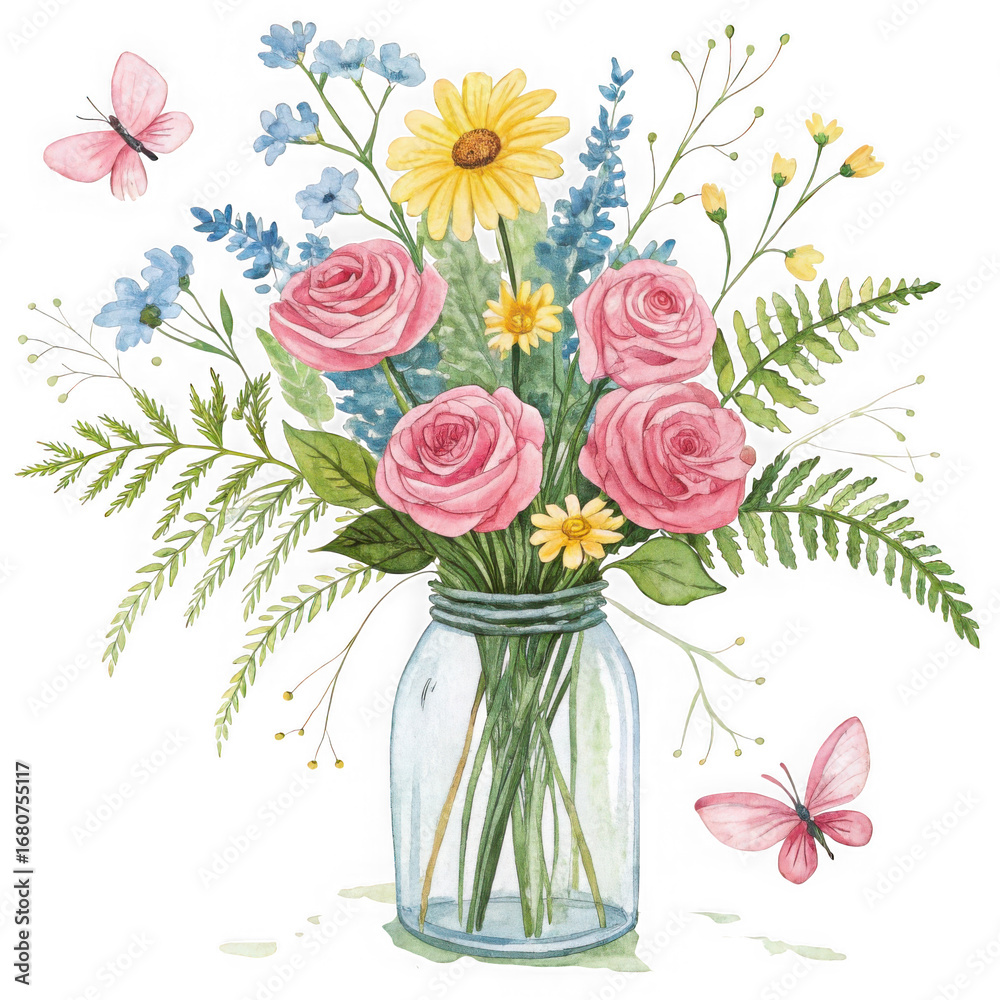 Obraz premium Pink roses and yellow flowers in a jar with butterflies watercolor art transparent background