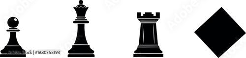 Pawn, King, Rook, and a mysterious diamond shape, representing strategic black chess pieces in a striking monochrome vector illustration set.