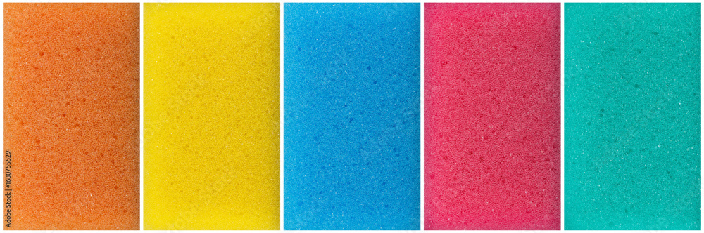 Fototapeta premium Background set with sponge texture. Polymer material with foam structure. Close-up of colored washcloth. Abrasive background with sponge texture. Sponge for washing dishes.Household cleaning inventory