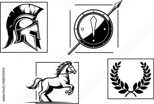 Greek warrior vector illustration pack with a Spartan helmet, shield and spear, horse, and laurel wreath.